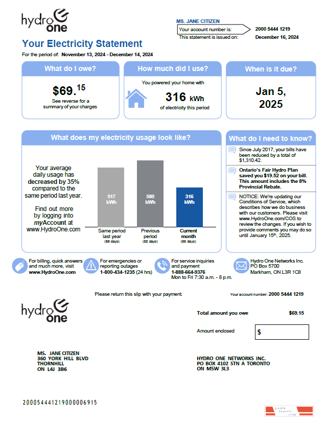 Canada Hydro One utility bill template in Word and PDF formats, version 2